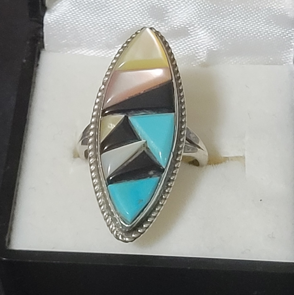 Zuni Inlay Turquoise, Mother Of Pearl , Onyx 1 1/4" Diamond Shape Sterling Silve